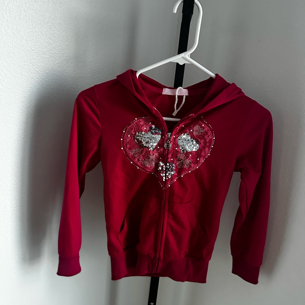Justice Pink Zip-Up Hoodie Girls Size 8 | Sequin Heart Detail